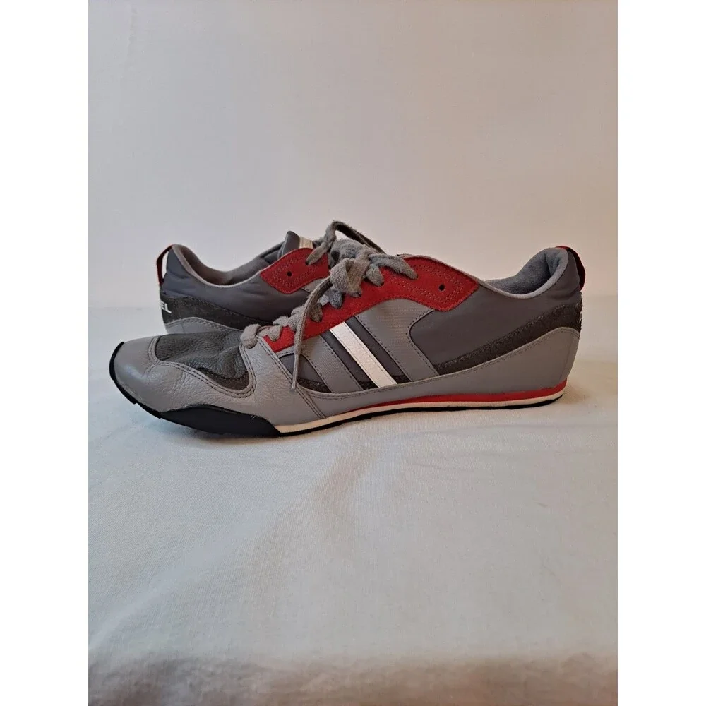 Diesel Mens Gunner Leather Sneakers Size 11 Y00326 Retro Gunmetal/Frost Grey/Red